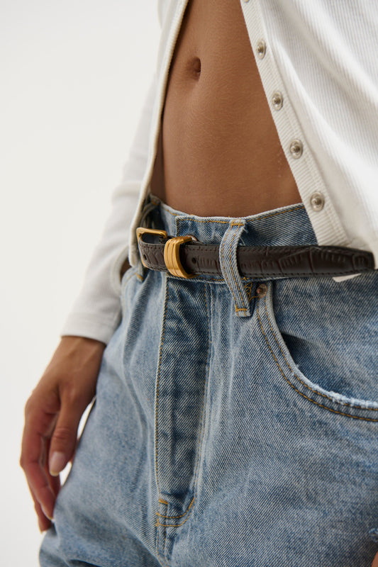 Anika Genuine Leather Skinny Belt Brown