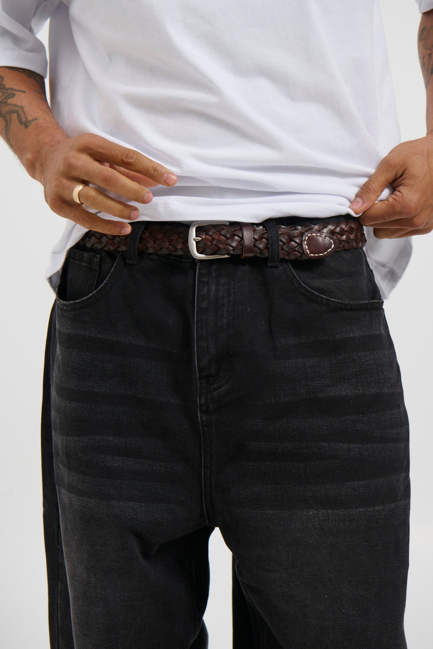 Leather Belt Thin Weave Dark Brown