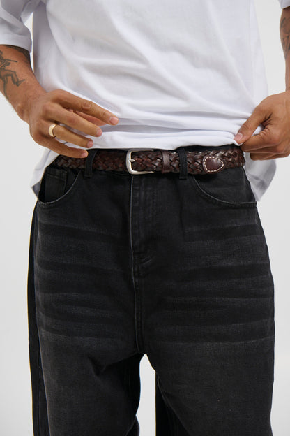 Leather Belt Thin Weave Dark Brown