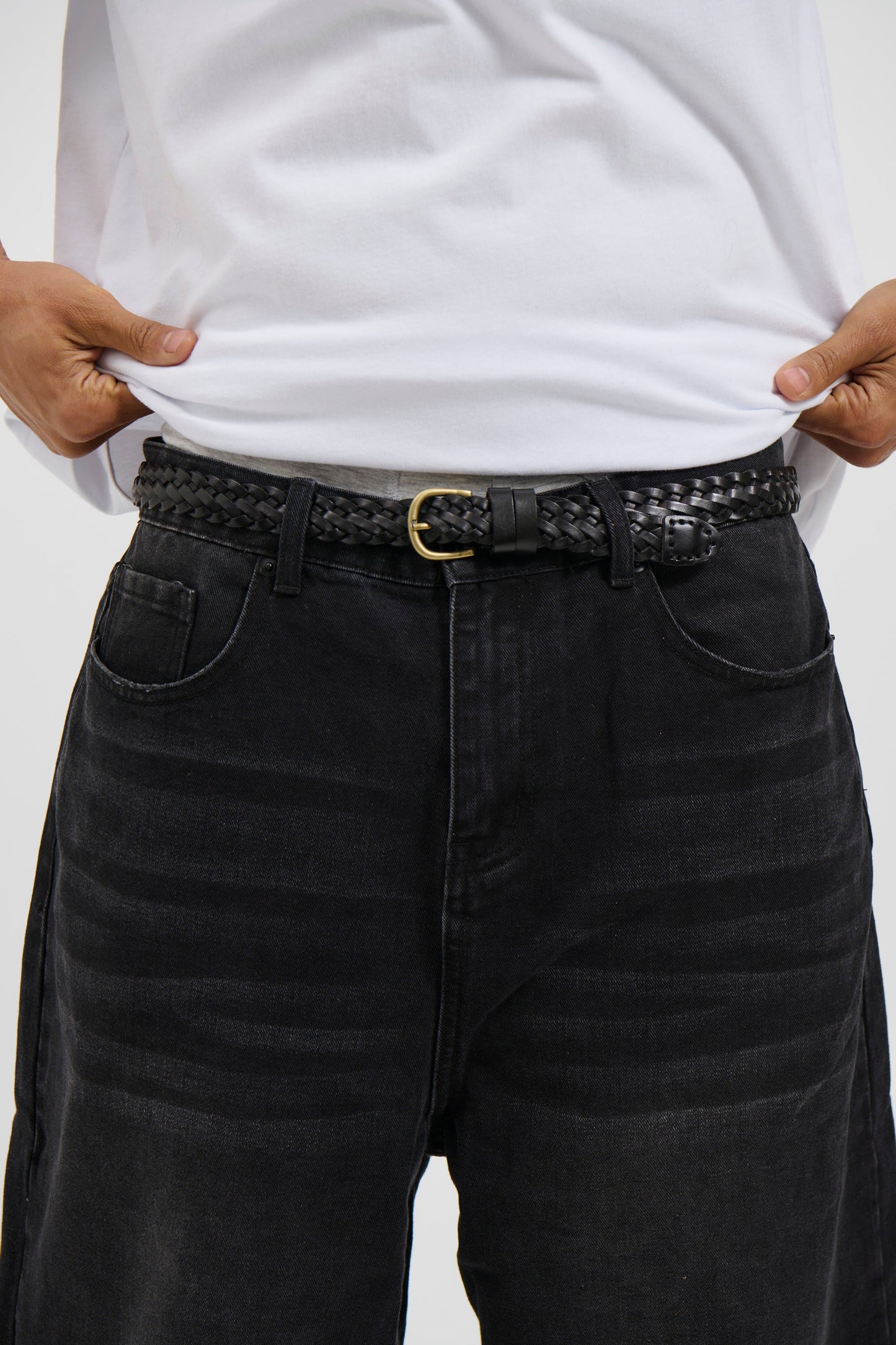 Leather Belt Thin Weave Black