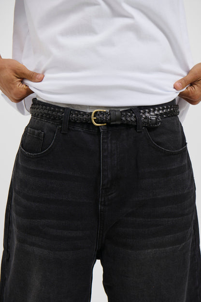 Leather Belt Thin Weave Black