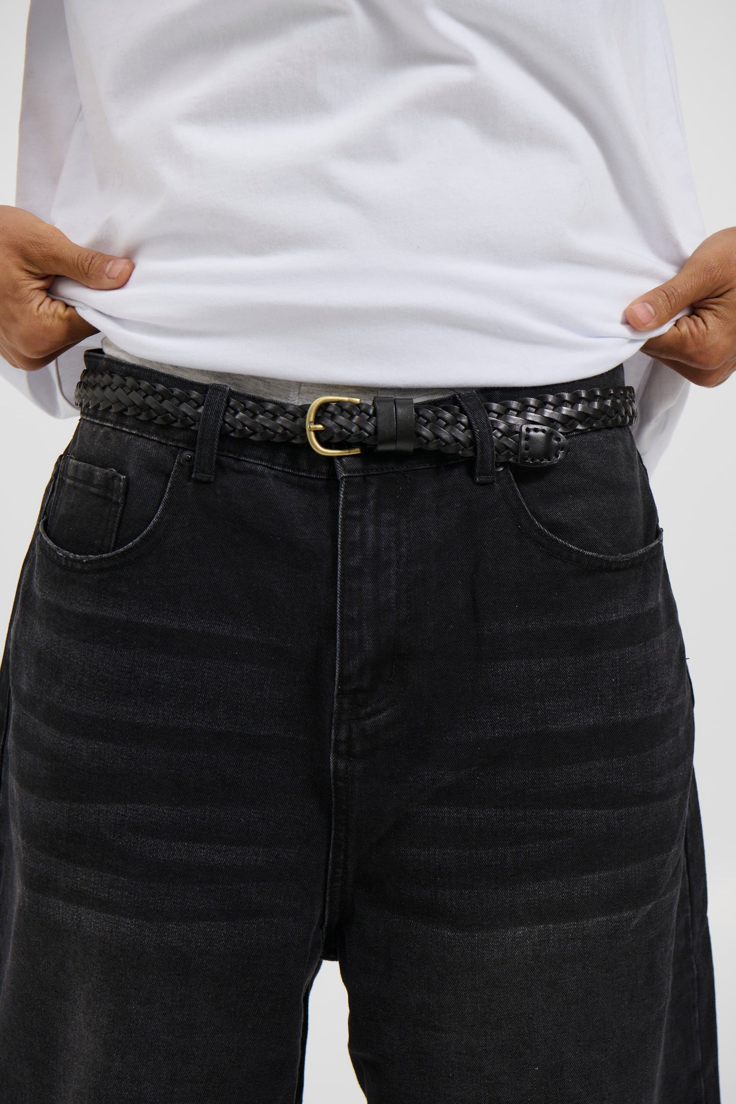 Leather Belt Thin Weave Black