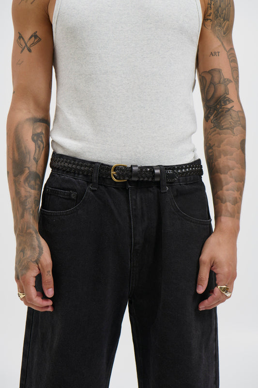 Leather Belt Thin Weave Black