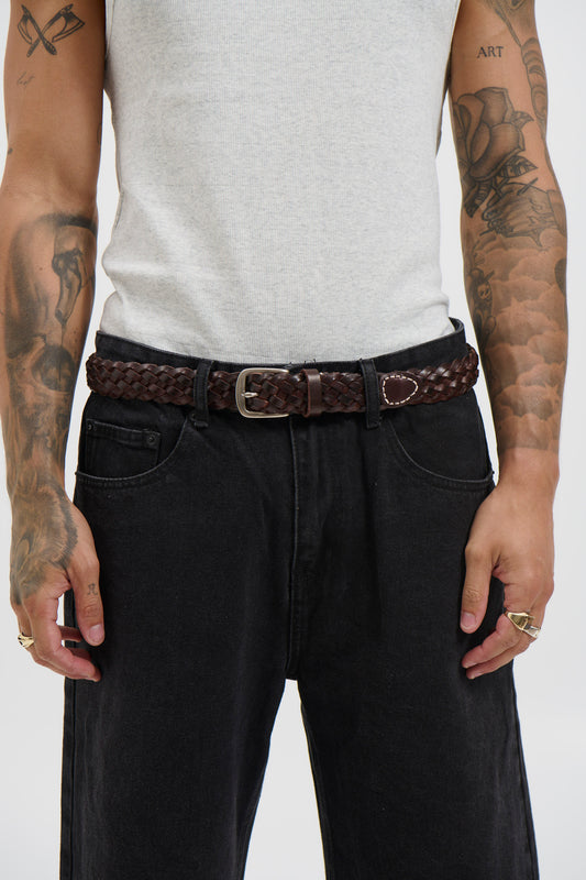 Leather Belt Thin Weave Dark Brown