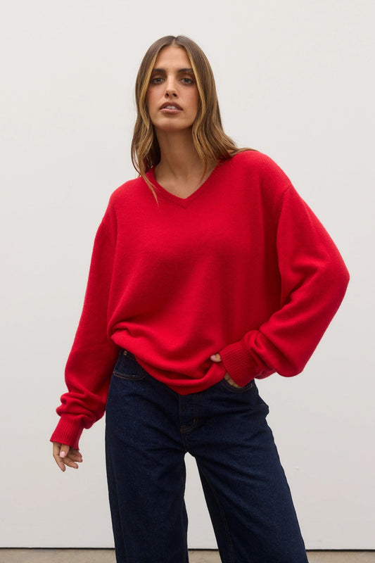 Billie V Neck Sweater Cherry Red