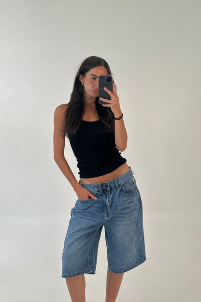 Unisex Flint Baggy Denim Jort Mid Blue